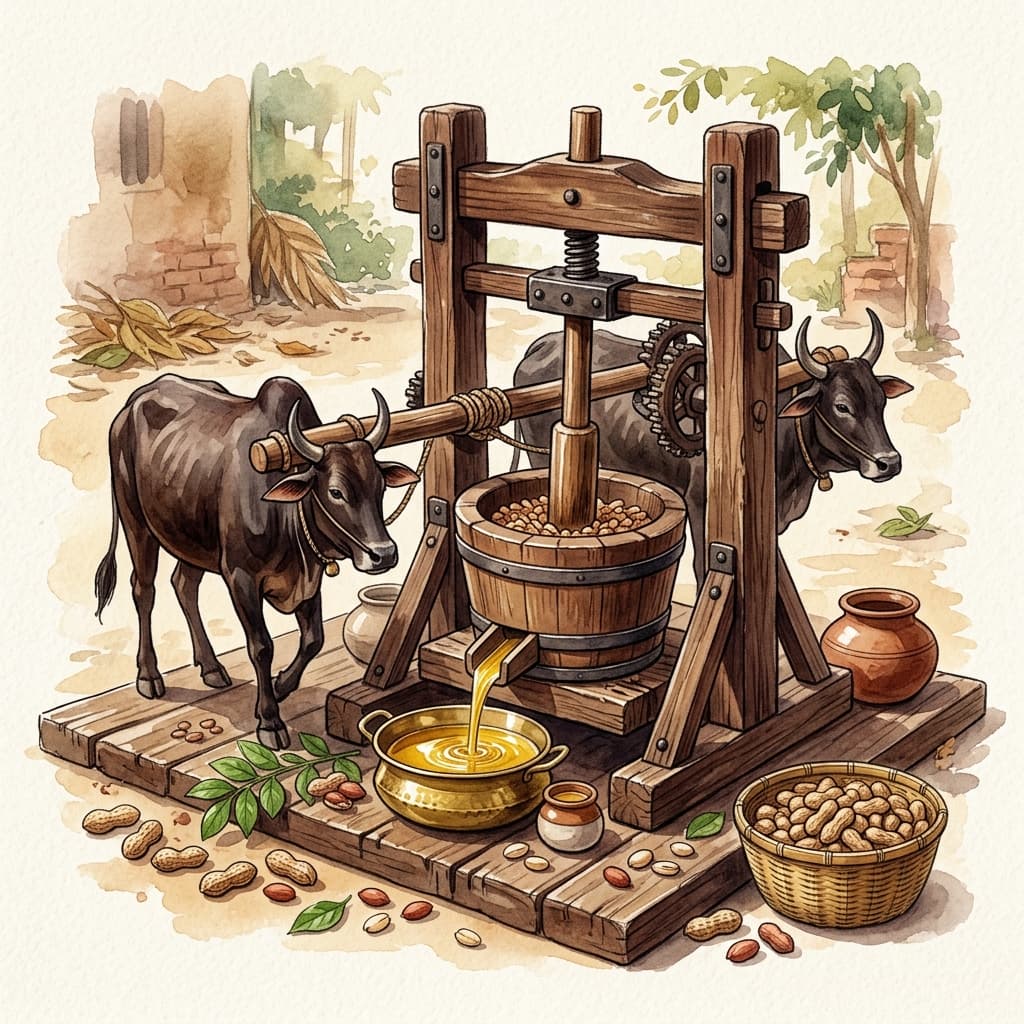 The wooden ghani at Dharamrutam, pressing groundnut oil at room temperature.